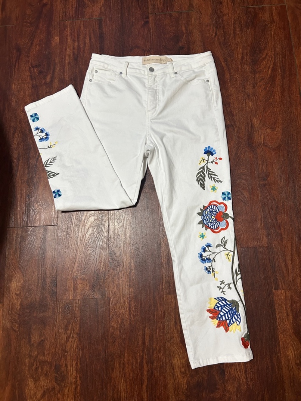 Soft Surroundings White Straight-Leg Jeans with Multicolor Floral Embroidery - Picture 4 of 8
